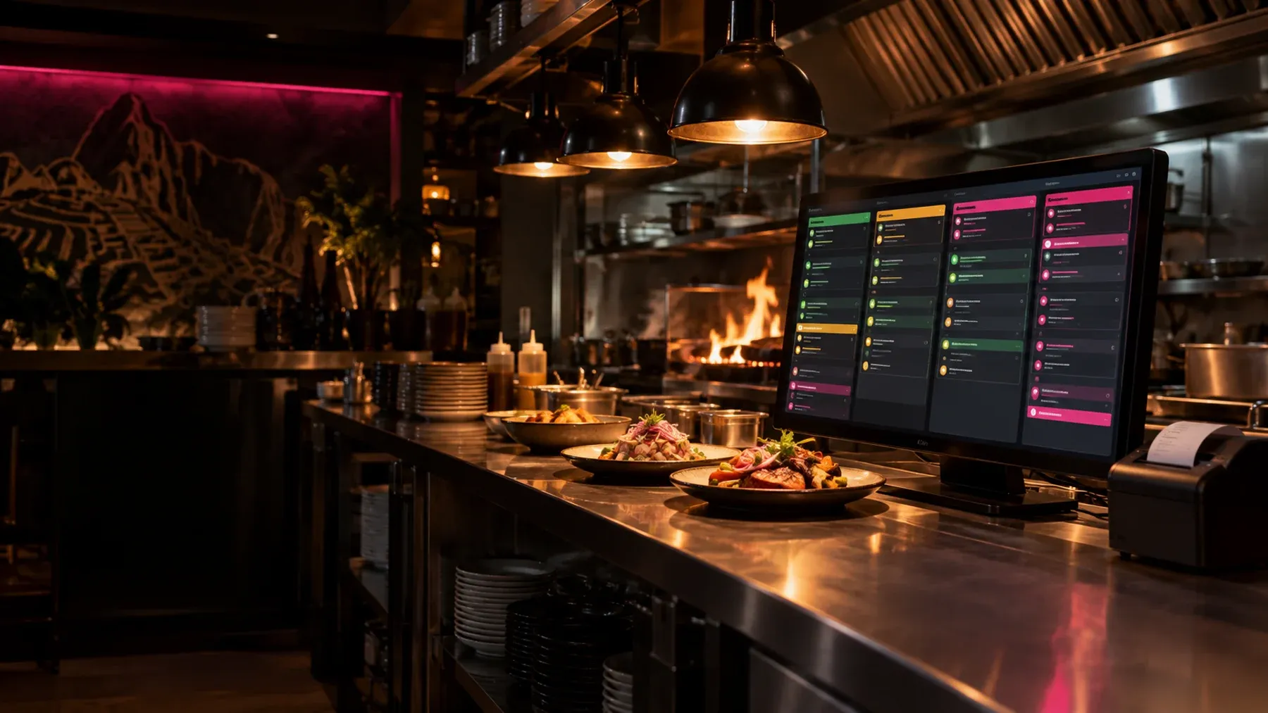 Cocina de restaurante con pantalla KDS y pedidos en tiempo real