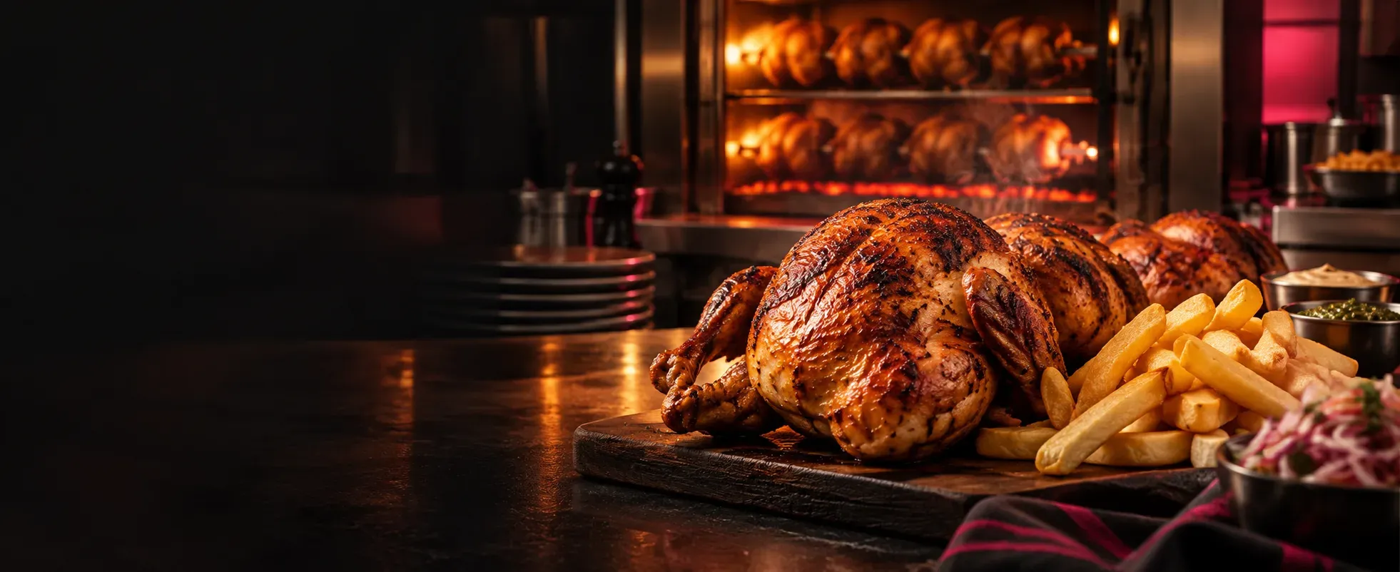 Pollo a la brasa y papas en una pollería