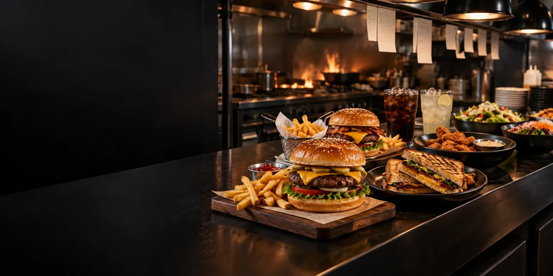 Platos de restaurante fast food con hamburguesas, papas y bebidas